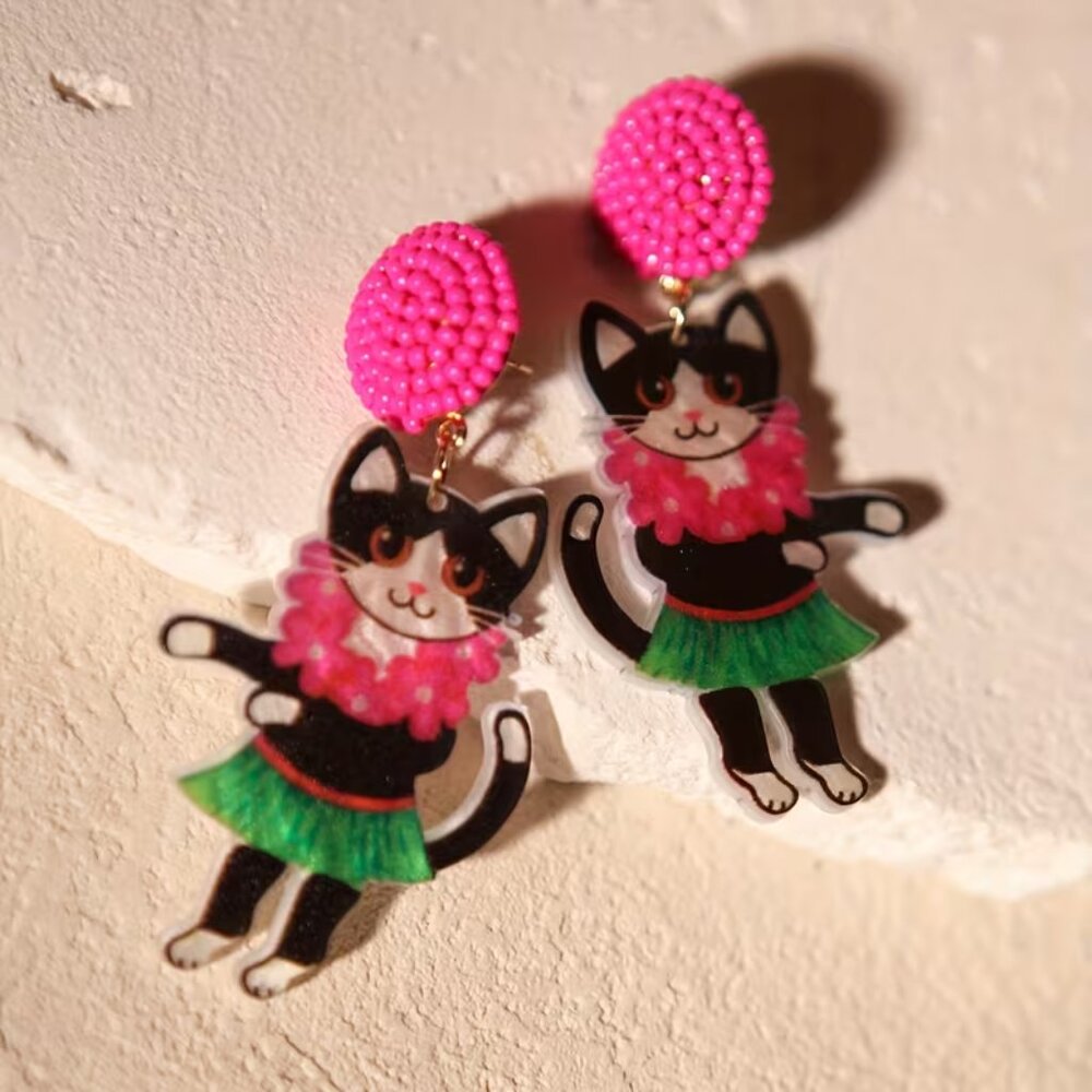 Colorful “Hula Kitty Cats” Large Beaded Statement Dangle Earrings (BRAND-NEW!) - Picture 3 of 4